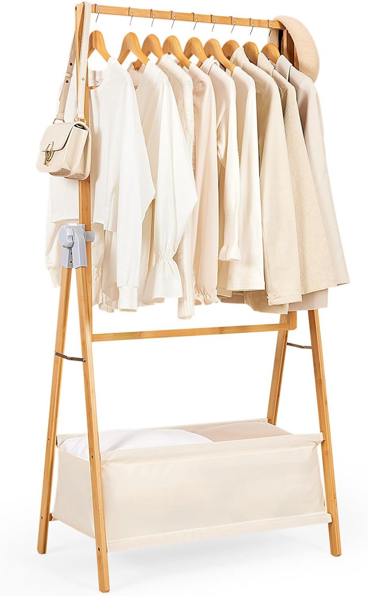 Bamboe kapstok met 2 planken, 2 haken en 1 kledingstang, naturel (114x40x139 cm