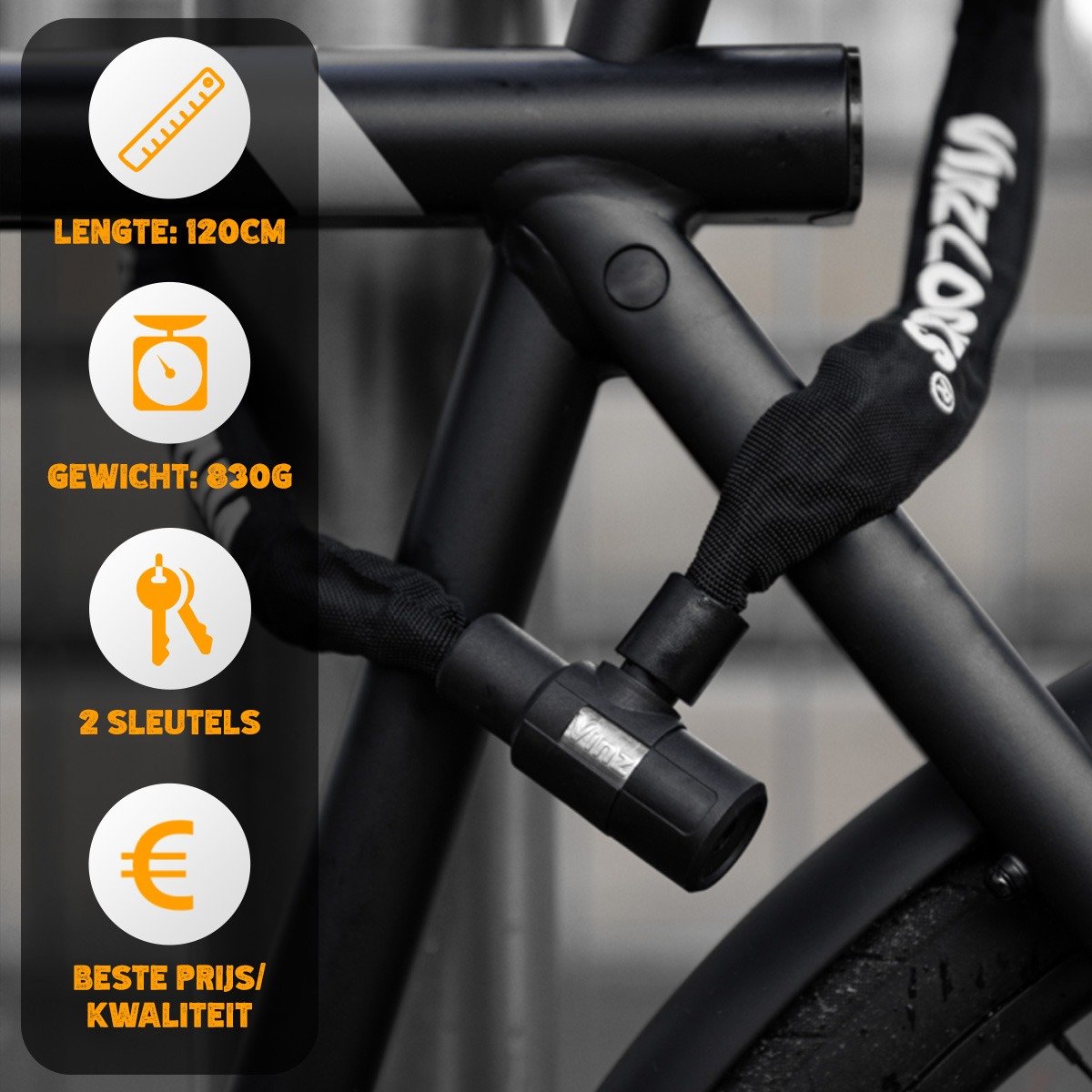 VINZ Ventoux Fietsslot 120cm - Kettingslot Fiets - Gehard Staal - Licht Gewicht: 810 gram - Easyclick Sluiting – foto 6