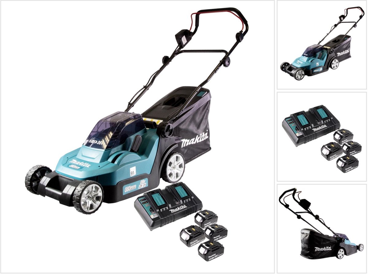 Makita DLM 432 PF4 accumaaier 36 V (2x 18 V) 43 cm + 4x accu 3,0 Ah + dubbele lader
