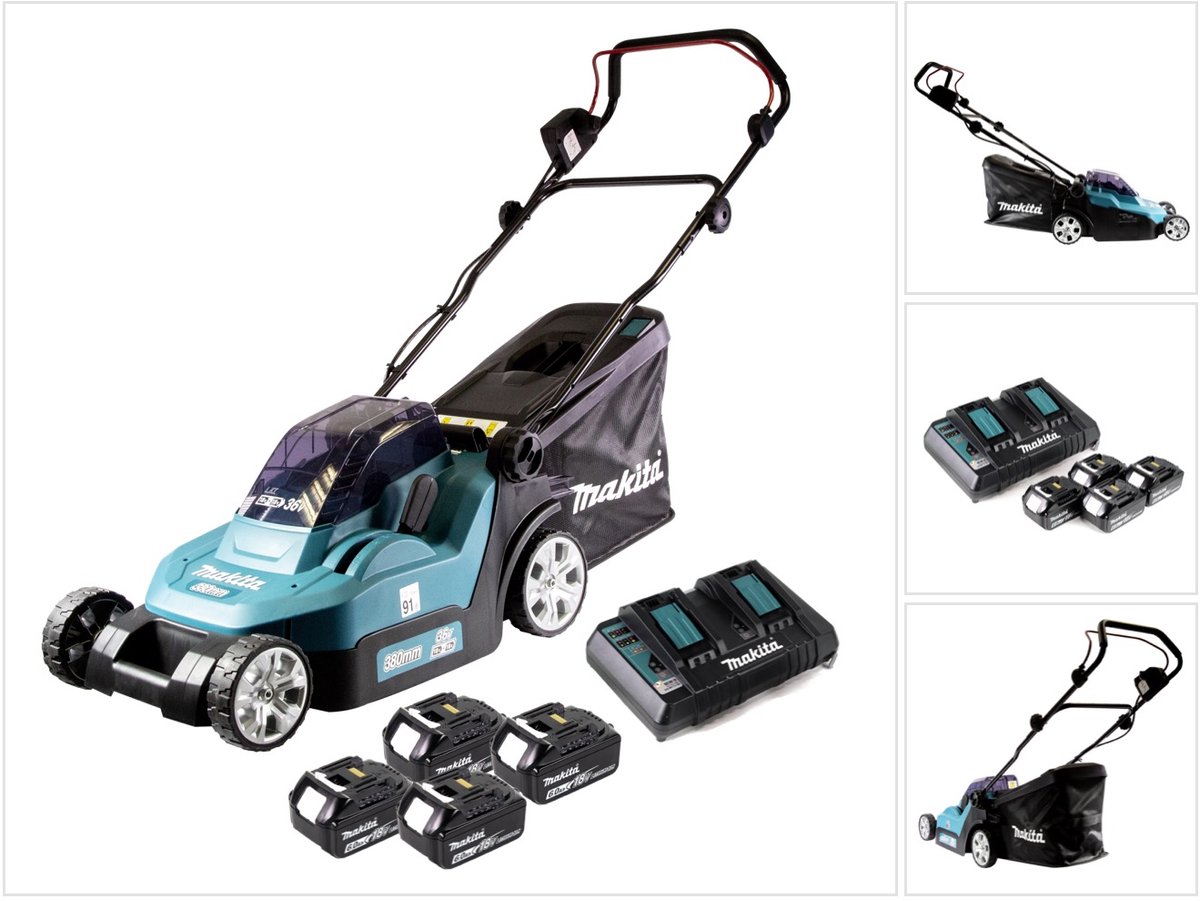 Makita DLM 382 PG4 accugrasmaaier 36 V ( 2x 18 V ) 38 cm 40 l + 4x accu 6.0 Ah + dubbele lader
