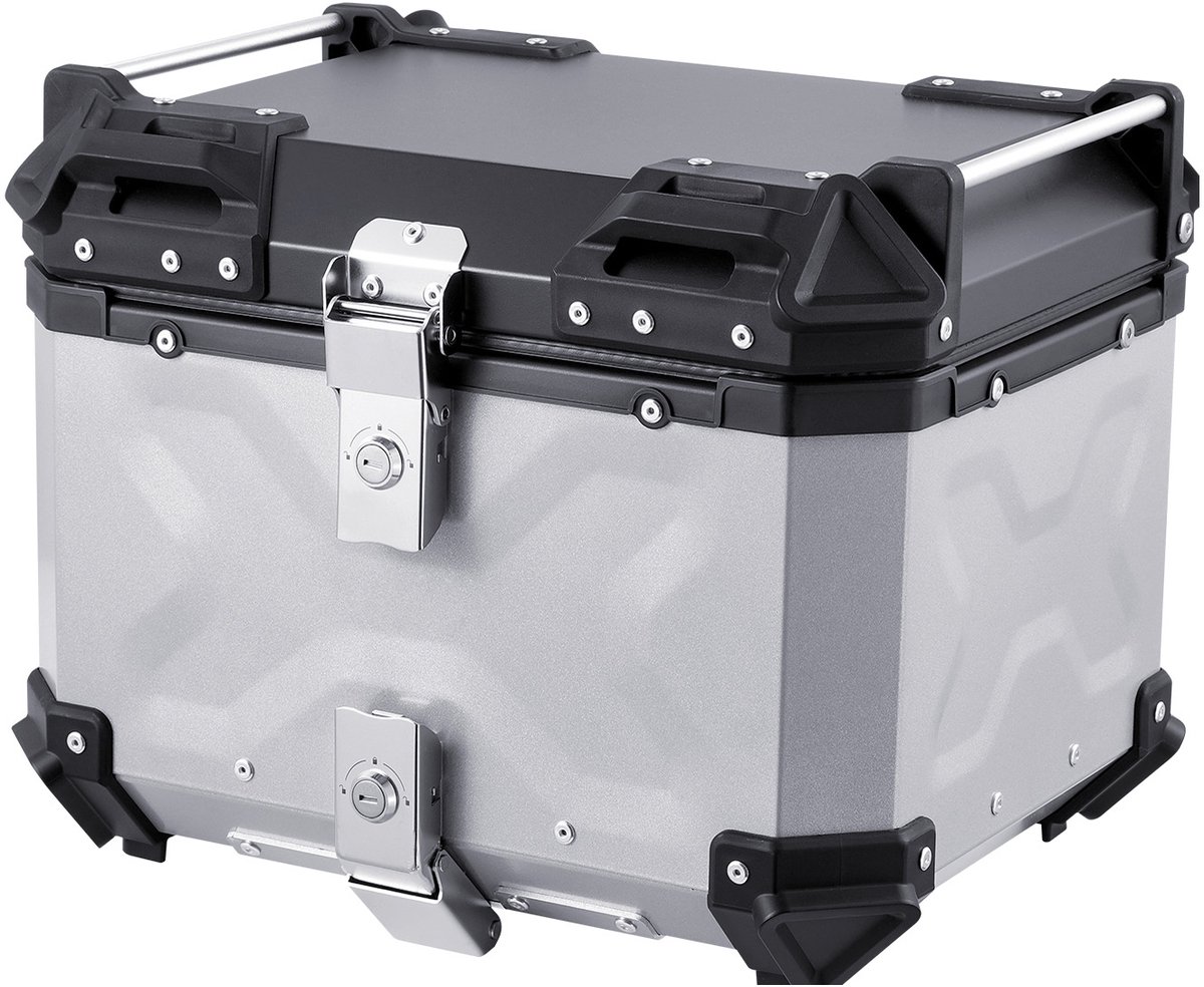 45L Motortopkoffer, universele achterkoffer van aluminiumlegering met lederen voering, afneembaar, waterdicht, met slot en rugvulling, past op 99% van alle motorframes voor zorgeloze ritten
