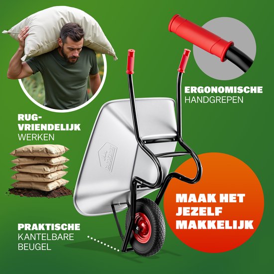 Zilverkleurige kruiwagen met ergonomische rode handvatten, getoond naast zakken aarde en een man die een zak draagt. "RUG-VRIENDELIJK WERKEN".