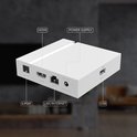 Achterkant van een witte STRONG mediaspeler met aansluitingen: S/PDIF, HDMI, LAN, 12V DC en USB.