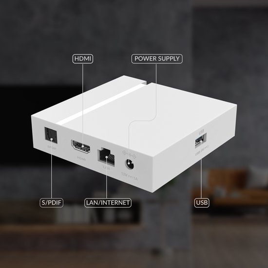 Achterkant van een witte STRONG mediaspeler met aansluitingen: S/PDIF, HDMI, LAN, 12V DC en USB.