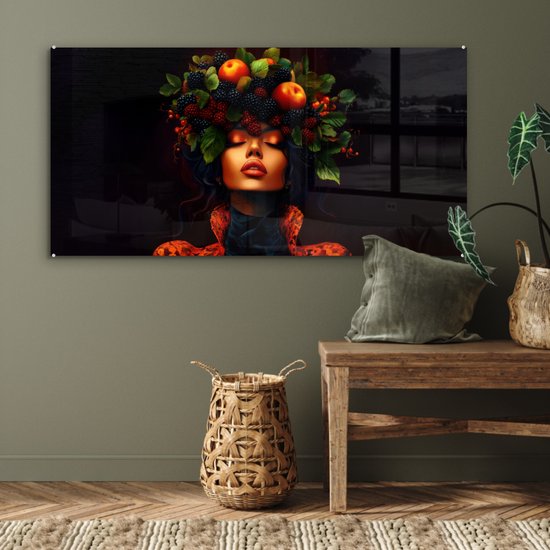 MuchoWow® Glasschilderij 120x60 cm - Schilderij acrylglas - Vrouw - Zwart - Bessen - Bramen - Appels - Foto op glas - Muurdecoratie woonkamer - Wanddecoratie slaapkamer - Schilderijen