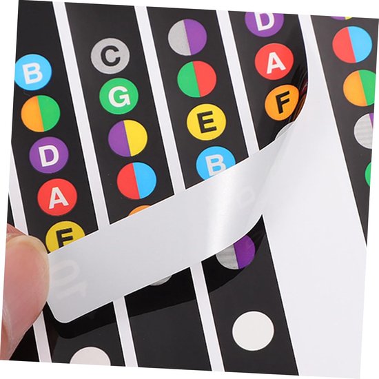 Close-up van een vingerafdruk die een gitaartuner sticker losmaakt. Gekleurde noten (A, B, C, D, E, F, G) op zwarte stickers.