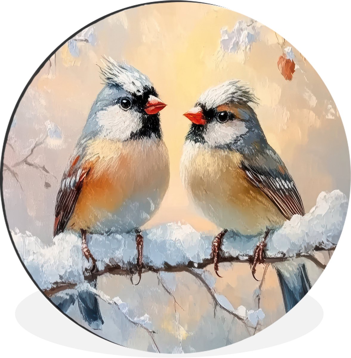 WallCircle Wandcirkel - Muurcirkel - Vogels - Tak - Winter - Sneeuw - Aluminium - Dibond - 90x90 cm - Binnen en Buiten Winter - Vogels