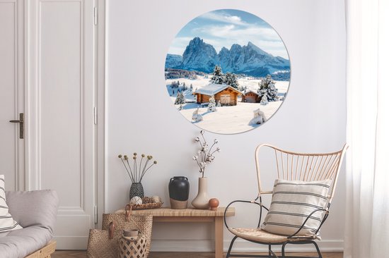 WallCircle - Wandcirkel - Muurcirkel - Winter - Huisje - Bergen - Uitzicht - Sneeuw - Aluminium - Dibond - 140x140 cm - Binnen en Buiten