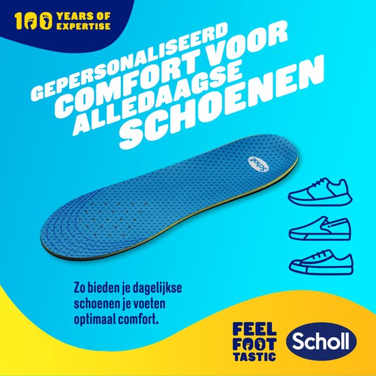 Semelles Scholl GelActiv bleues empilées, montrant l'ajustement pour les chaussures de tous les jours.