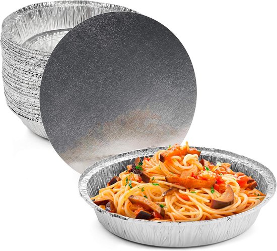 MATANA 40 Aluminium Wegwerp Bakjes met Deksel, Rond (23cm) - Oven- en Diepvriesbestendige Grillschalen - Ook Geschikt als Bakvormen (4,2cm Hoogte)