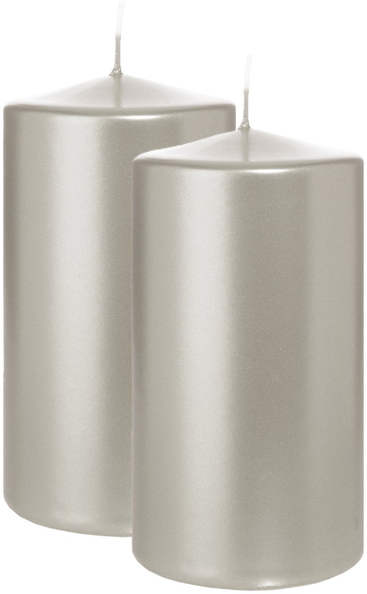 Wiedemann Cilinderkaars/stompkaars - 2x - metallic zilver - 13 x 7 cm - 52 branduren - zuilkaarsen