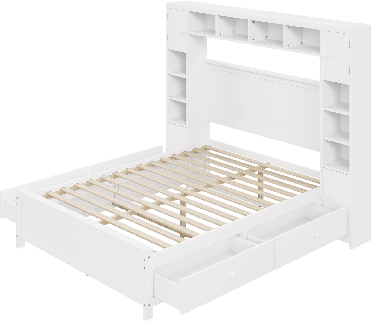 Merax Tweepersoonsbed 140x200 cm – Gestoffeerd Houten Bed met 4 Lades en Opbergkast – Inclusief Lattenbodem – Zonder Matras - Wit