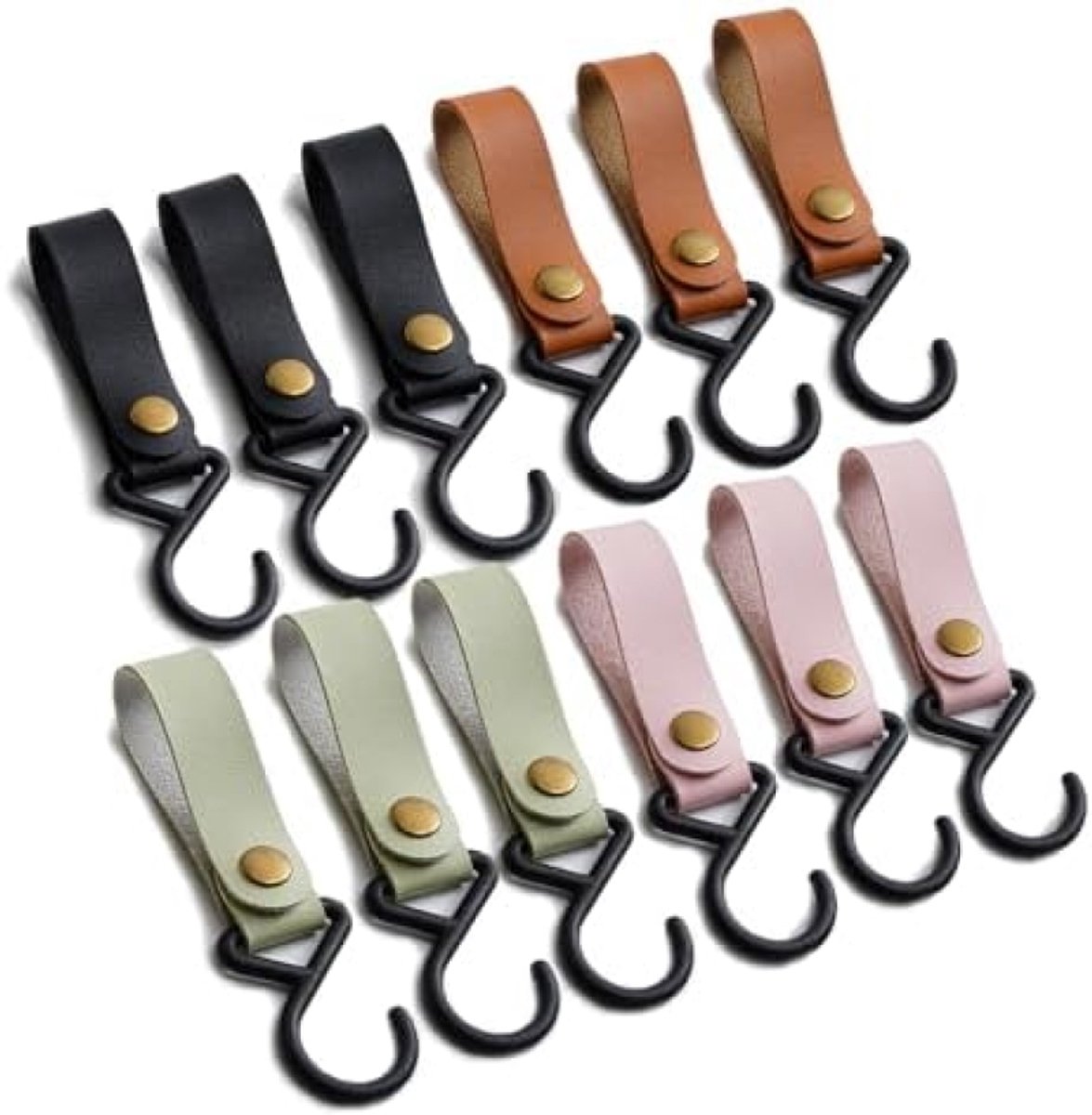 12 stuks haken voor kledingstang, S-haken met leren lus, haken om op te hangen, S-vormige lederen campinghaken, 16 x 2 cm, kunststof, multifunctionele haken voor garderobe, mantel, keuken, badkamer