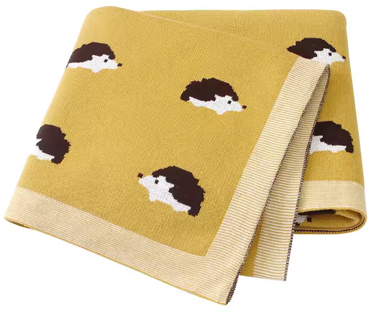 IL BAMBINI Okergeel - Mosterdgeel babydeken met egeltjes - 100% katoen extra zacht 100x80cm - Pluisvrije deken - babydekentjes voor wieg of ledikant - kraamcadeau