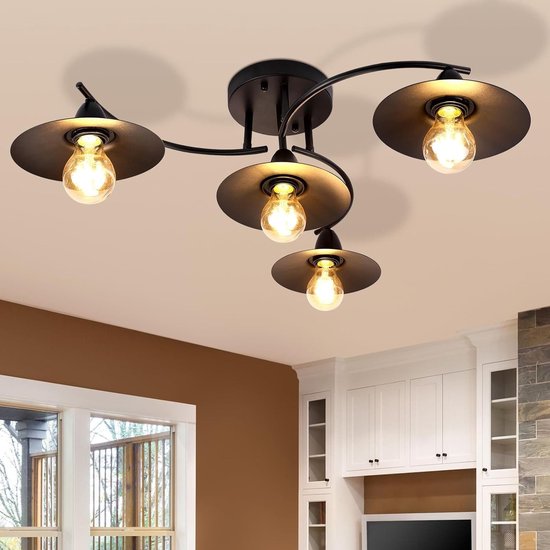 NETTLIFE Plafondlamp - 4xE27 Fitting - industriële - zwart - kunststof - woonkamerlamp