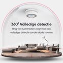 Een woonkamer met een witte rook- en koolmonoxidemelder aan het plafond en de tekst "360° Volledige detectie".
