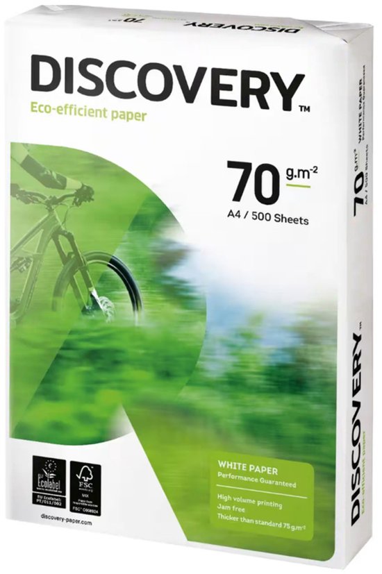 Witte Discovery A4 70gr papierdoos met groen landschap en fietsafbeelding, 500 vel.