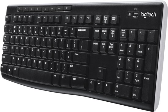 Zwart Logitech K270 draadloos toetsenbord met numeriek toetsenbord, schuin aanzicht.