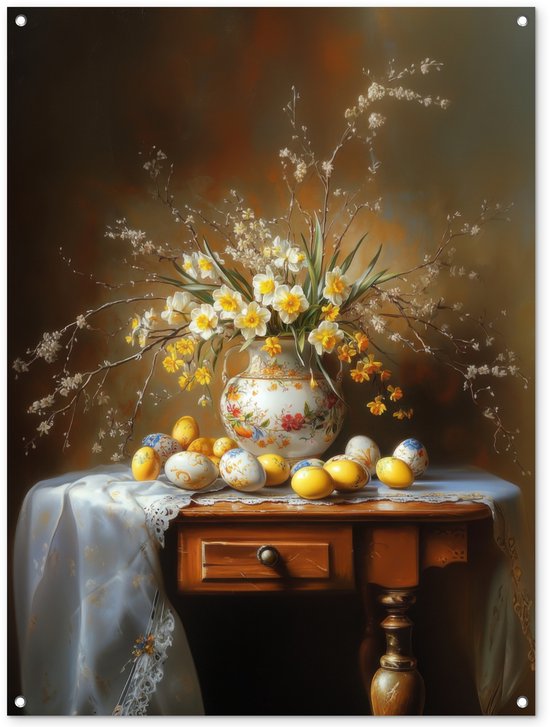 Tuinposter 60x90 cm - Tuindecoratie Patroon - Kip - Paaseieren - Poster voor in de