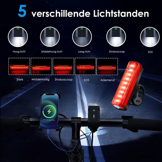 Vesfy Fietslampjes Set 1000 Lumen - USB Oplaadbare - Fietsverlichting Voor & Achter - Waterdicht IPX5 - LED Fietslamp — afbeelding 4