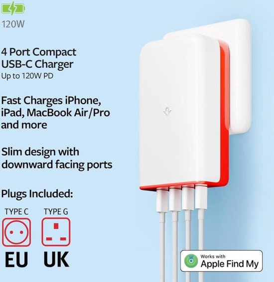 Chargeur USB-C PD 4-en-1 PlugBug de Twelve South avec Apple Find My 120 W - Multi