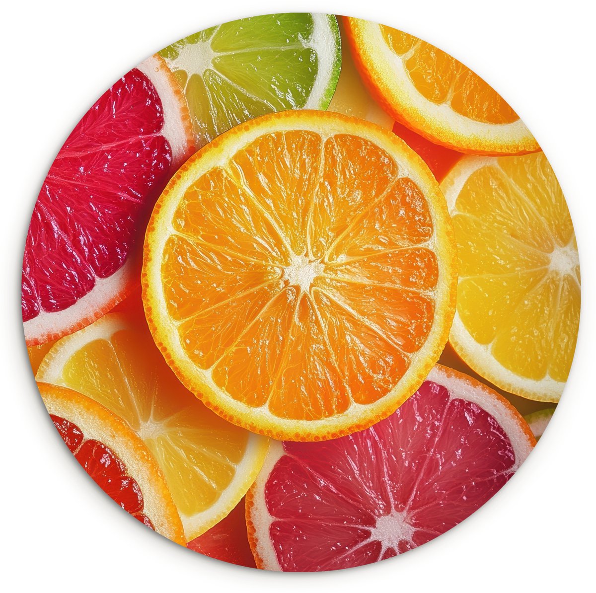 WallCircle Wandcirkel 150x150 cm - Muurcirkel Fruit - Kleurrijk - Close up - Muurdecoratie woonkamer - Wanddecoratie slaapkamer - Kamer decoratie accessoires - Ronde schilderijen Citrusvruchten - Kleurrijk
