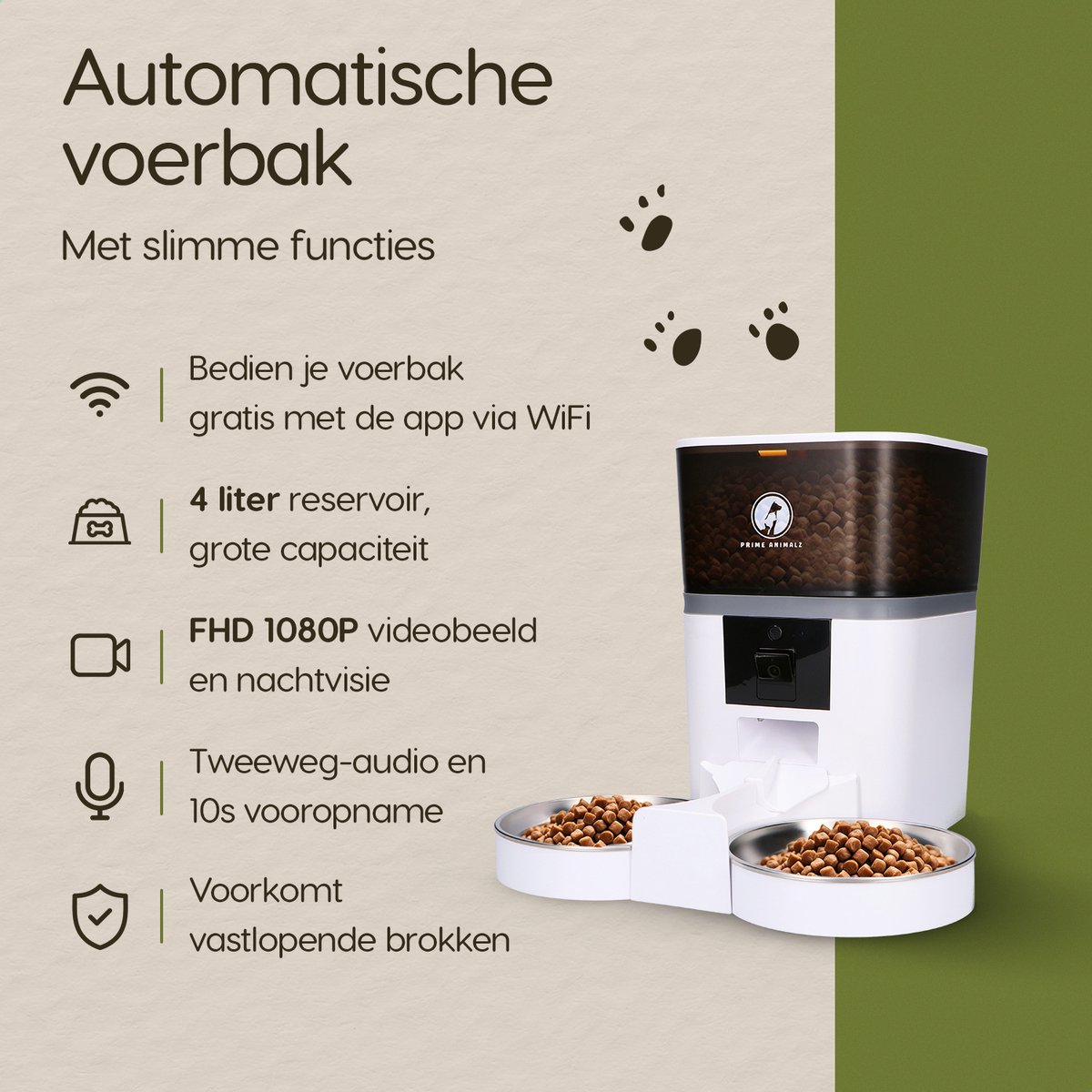 Afbeelding 3 van Prime AnimalZ 2 in 1 Automatische voerbak kat & hond - Voerautomaat met Camera - Dubbele Voederbak met Full HD 1080P Camera - Two-way Audio - 4 Liter - Wit