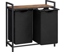 xDays Wasmand 2 vakken – uitschuifbaar met plank - 73 x 33 x 71 cm - wassorteerder - 88 liter verdeeld over 2 zakken – wasmanden zwart metaal en bruin hout