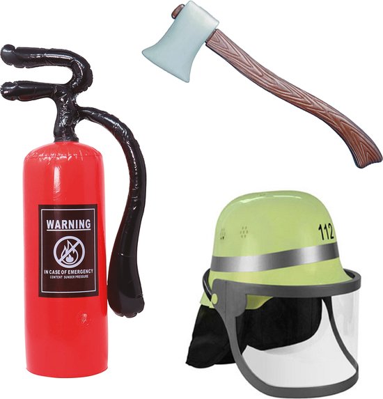 Brandweerman verkleed set - volwassenen - helm - brandblusser - bijl - Carnaval