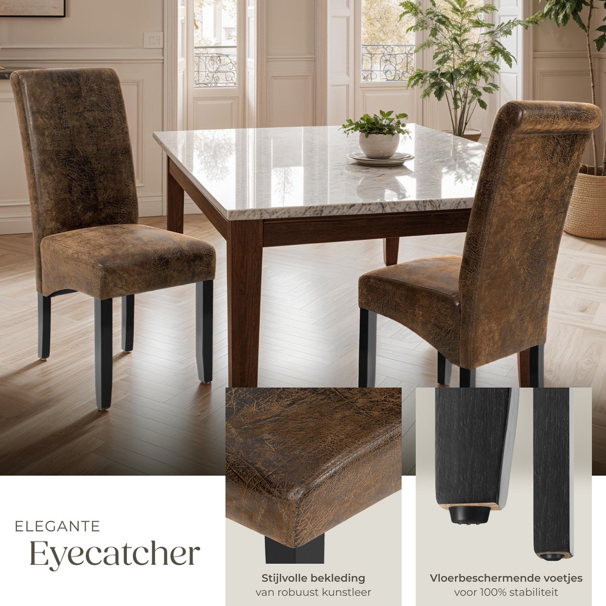 tectake® Eetkamerstoel - Comfortabele kunstleren stoel met hoge rugleuning - Keukenstoel voor keukentafel - Gestoffeerde keukenstoel - Diverse kleuren en sets - Maximale belasting 120 kg - Afmeting (LxBxH) 44 x 63 x 106 cm - Set van 4 - Antiek bruin – foto 4