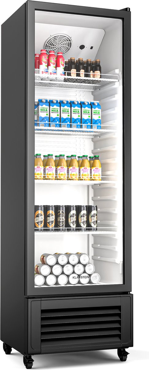 Klarstein Koelkast GrandCooler 306L Drankkoelkast - Dubbel Glasdeur, LED-Verlichting, mechanische Thermostaat, 0 °C tot 10 °C, 4 Wielen, Energieklasse B - Verstelbare Schappen - Zwart - Op Wieltjes - Wit - Mini Fridge