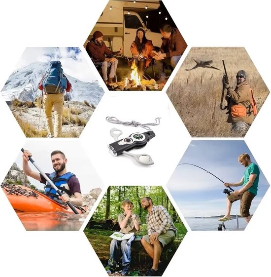 Collage van activiteiten in de natuur: kamperen, bergbeklimmen, jagen, vissen, kajakken en wandelen.