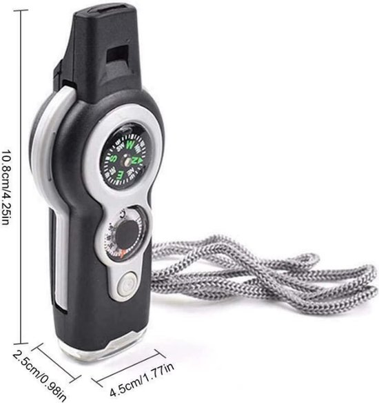Zwarte survival fluit met kompas en grijze draagband. Afmetingen 10.8cm x 4.5cm.