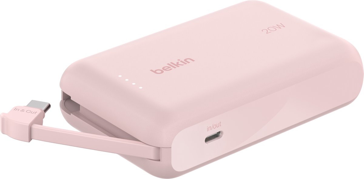 Afbeelding 2 van Belkin Powerbank 10.000mAh met Geïntegreerde USB-C Kabel – 20W Snelladen – Roze
