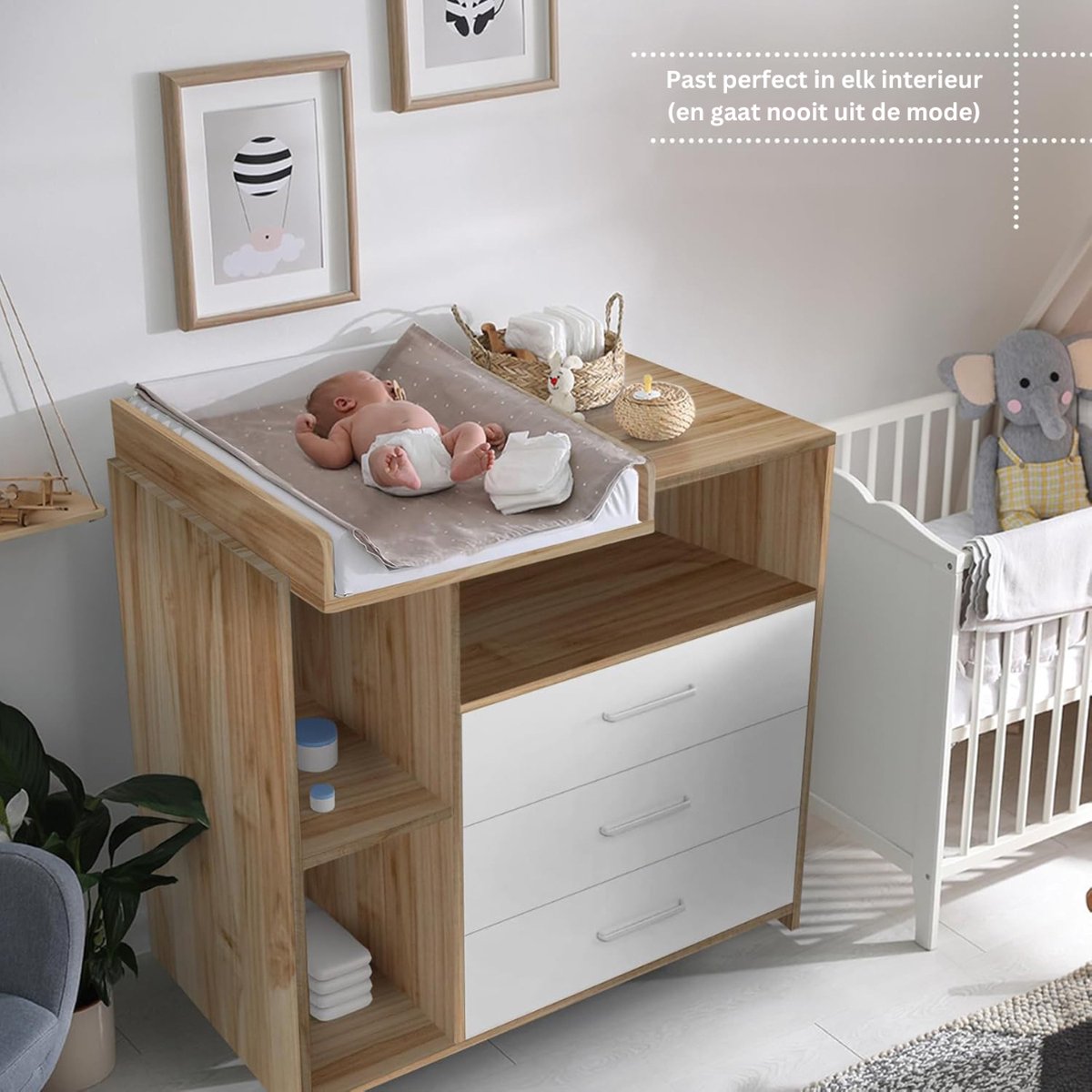 VELTRR® Commode Baby - Verzorgingstafel - Luiertafel - Babykamer - Wit met Bruin – foto 5