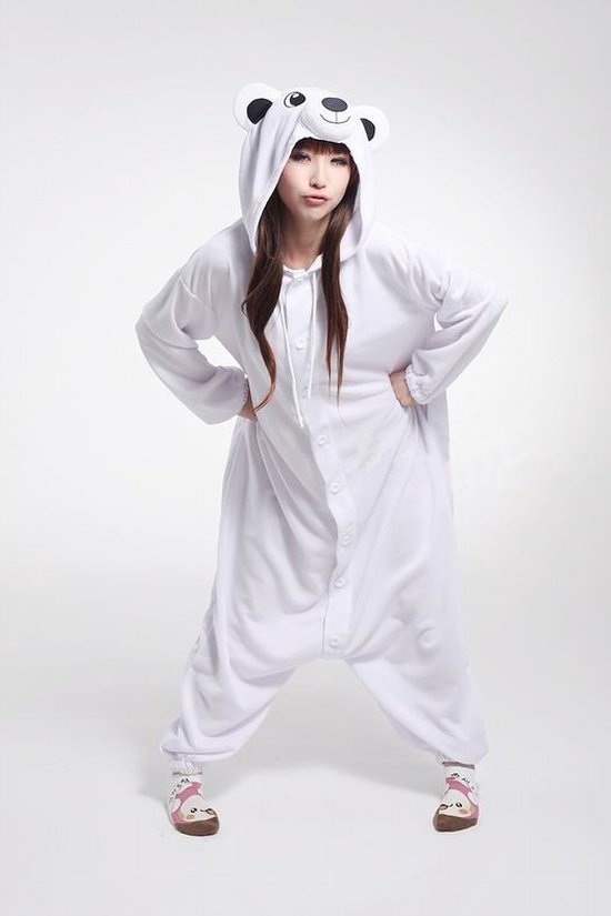 KIMU® Onesie IJsbeer Pak - Maat XS-S of 152-158 - IJsberenpak Kostuum Wit Berenpak - Jumpsuit Zacht Huispak Dierenpak Pyjama Dames Heren Festival