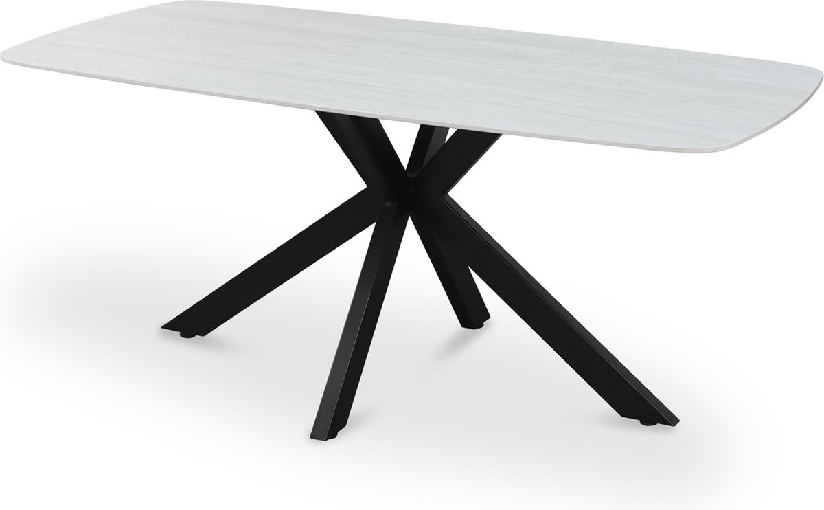 Rousseau Apollo Eettafel – 180 x 90 cm – Deens Ovaal – Mat Grijs Stenen Blad met Travertinlook – Zwarte Matrixpoot