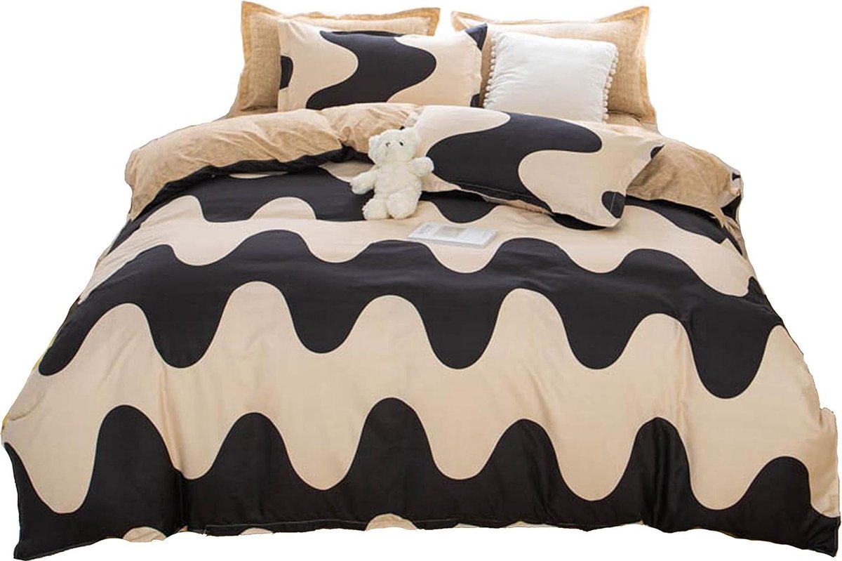 4-delige beddengoedset met bruin en zwart gestreept polyester dekbedovertrek - 150 x 200 cm