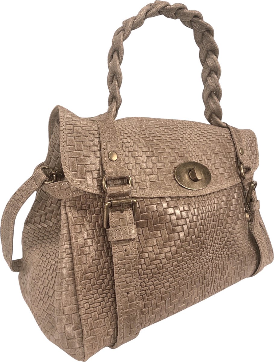 Dames Schoudertas / Handtas met vlecht structuur - Messing details - Premium Leather - Made in Italy - Mooi en Elegant