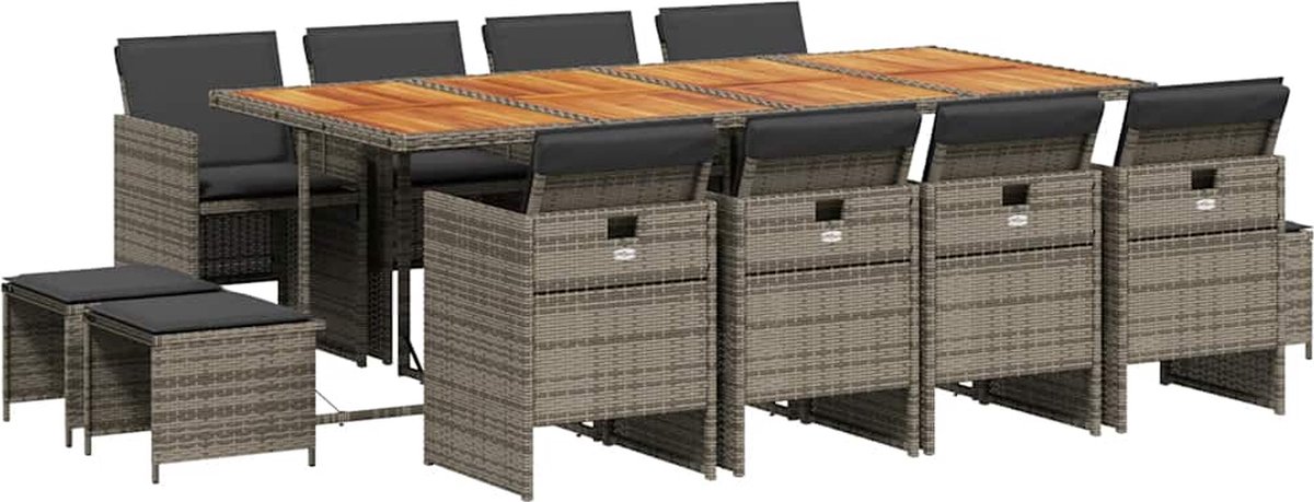 The Living Store 13-delige Tuinset met kussens poly rattan grijs - Tuinset - Buitendecoratie - Lounge Set - Eetkamerset - Patio Furniture