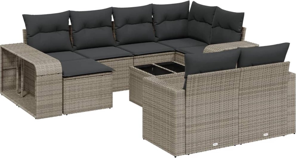 Grijze poly rattan loungeset met kussens voor buiten - The Living Store.