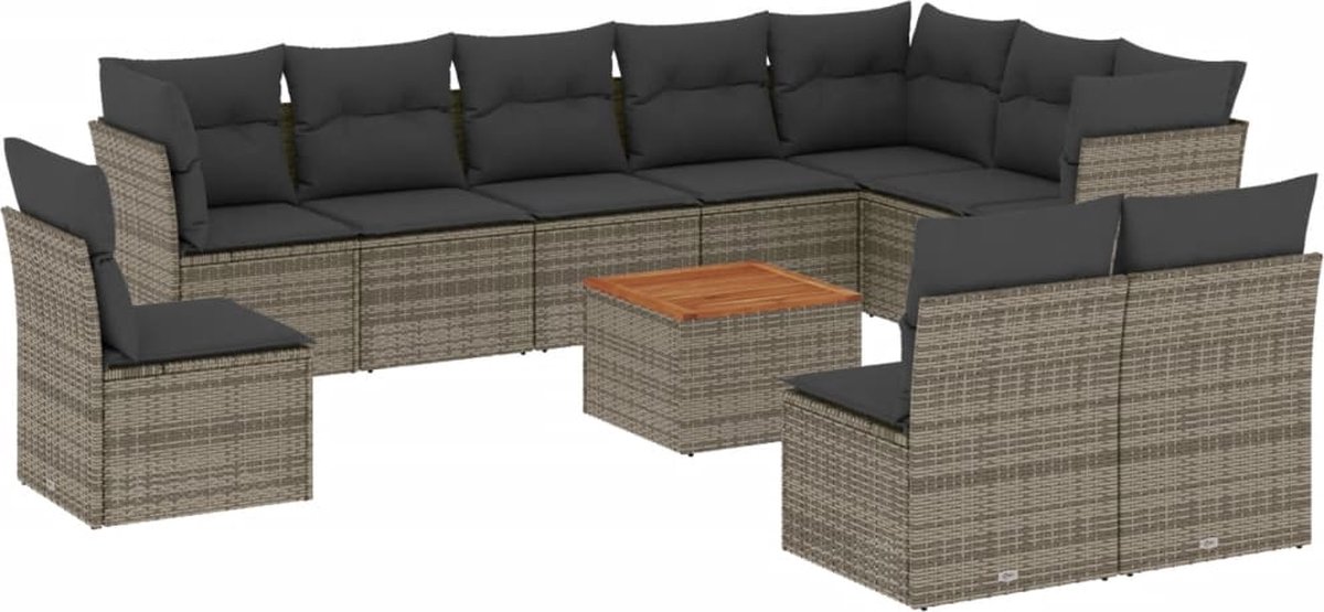 The Living Store 11-delige Loungeset met kussens poly rattan grijs - Loungeset - Tuinlounge - Buitendining - Lounge Set - Tuinmeubels