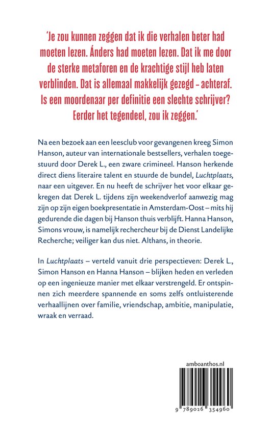 Achterkant boek 'Luchtplaats' met tekst over het verhaal en de auteurs, inclusief ISBN.