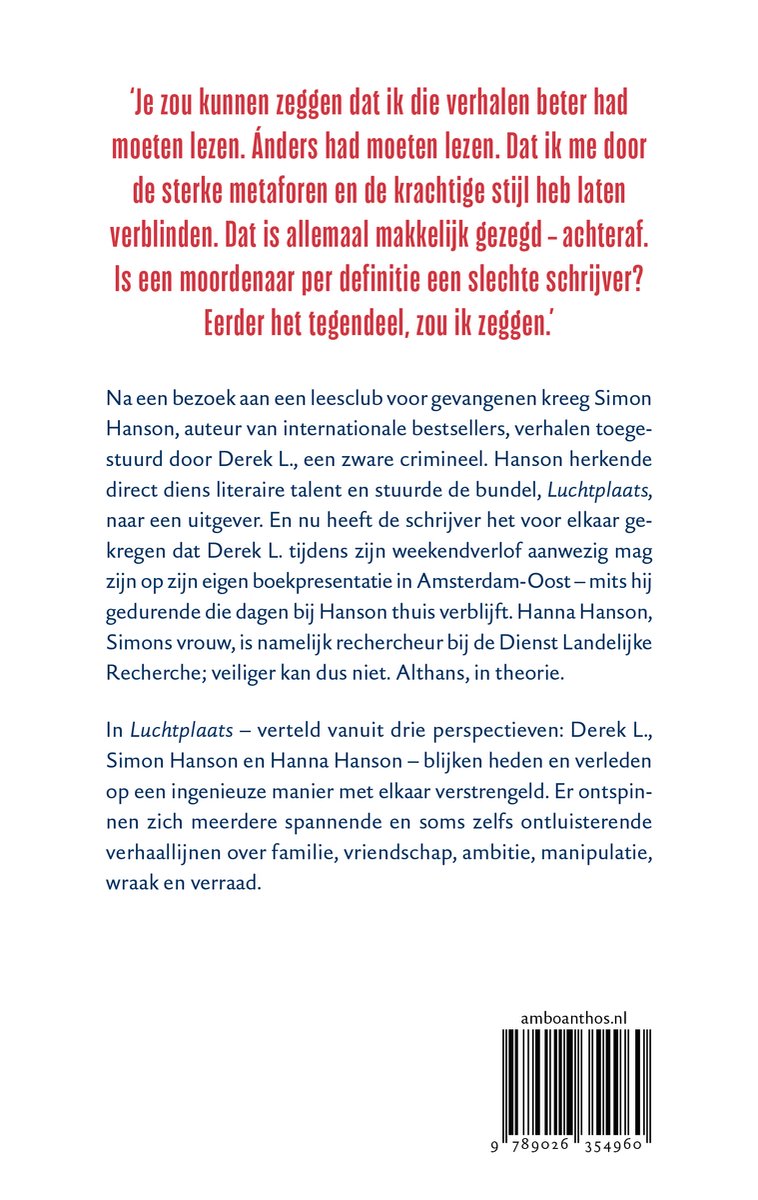 Achterkant boek 'Luchtplaats' met tekst over het verhaal en de auteurs, inclusief ISBN.