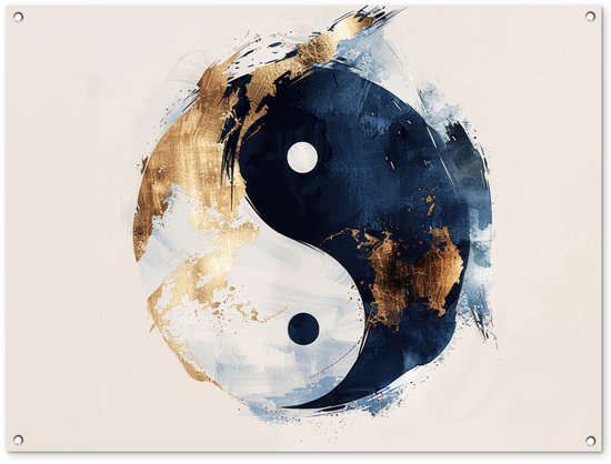 Abstract yin yang symbool met blauwe, gouden en witte verfstreken.
