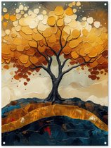 Tuinposter 90x120 cm - Tuindecoratie Boom - Natuur - Goud - Modern - Poster voor in de tuin - Buiten decoratie - Schutting tuinschilderij - Tuindoek muurdecoratie - Wanddecoratie balkondoek