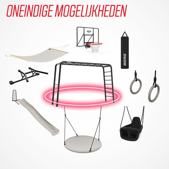 Zwart speeltoestel frame omringd door diverse toebehoren zoals een glijbaan, schommel, bokszak en meer.