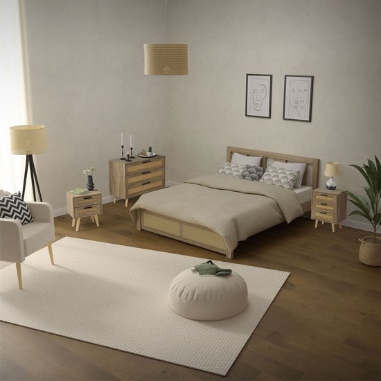 COSTWAY Nachtkastje rotan set van 2, nachtkastje met lade en massief houten poten, bijzettafel, sofatafel, nachtkastje in boho-stijl voor slaapkamer, woonkamer, 48 x 40 x 58 cm