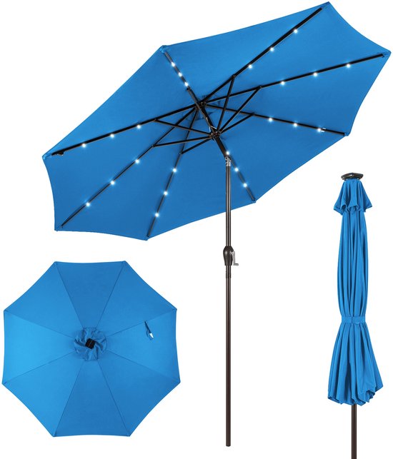 Parasol COSTWAY 300 cm avec éclairage LED, pied de parasol non inclus, parasol de jardin avec manivelle, inclinable à 30° des deux côtés, parasol de terrasse à 8 baleines, brise-vue pour jardin, balcon (bleu)