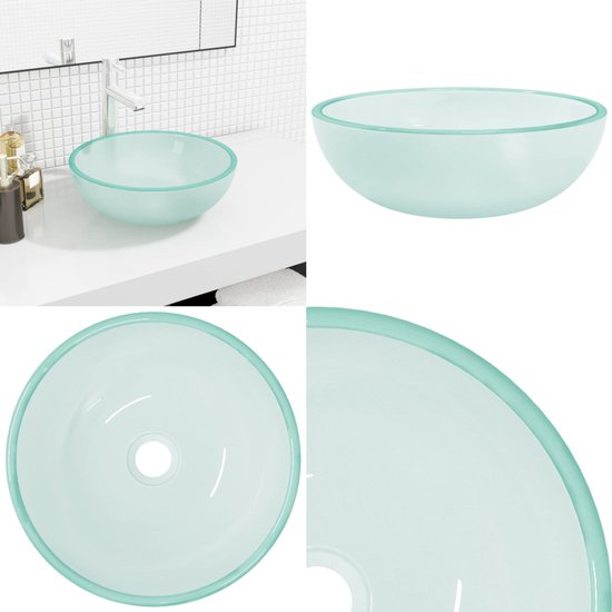 Collage d'un bassin de lavabo en verre vert menthe. Montre le bassin dans une salle de bain et des détails.